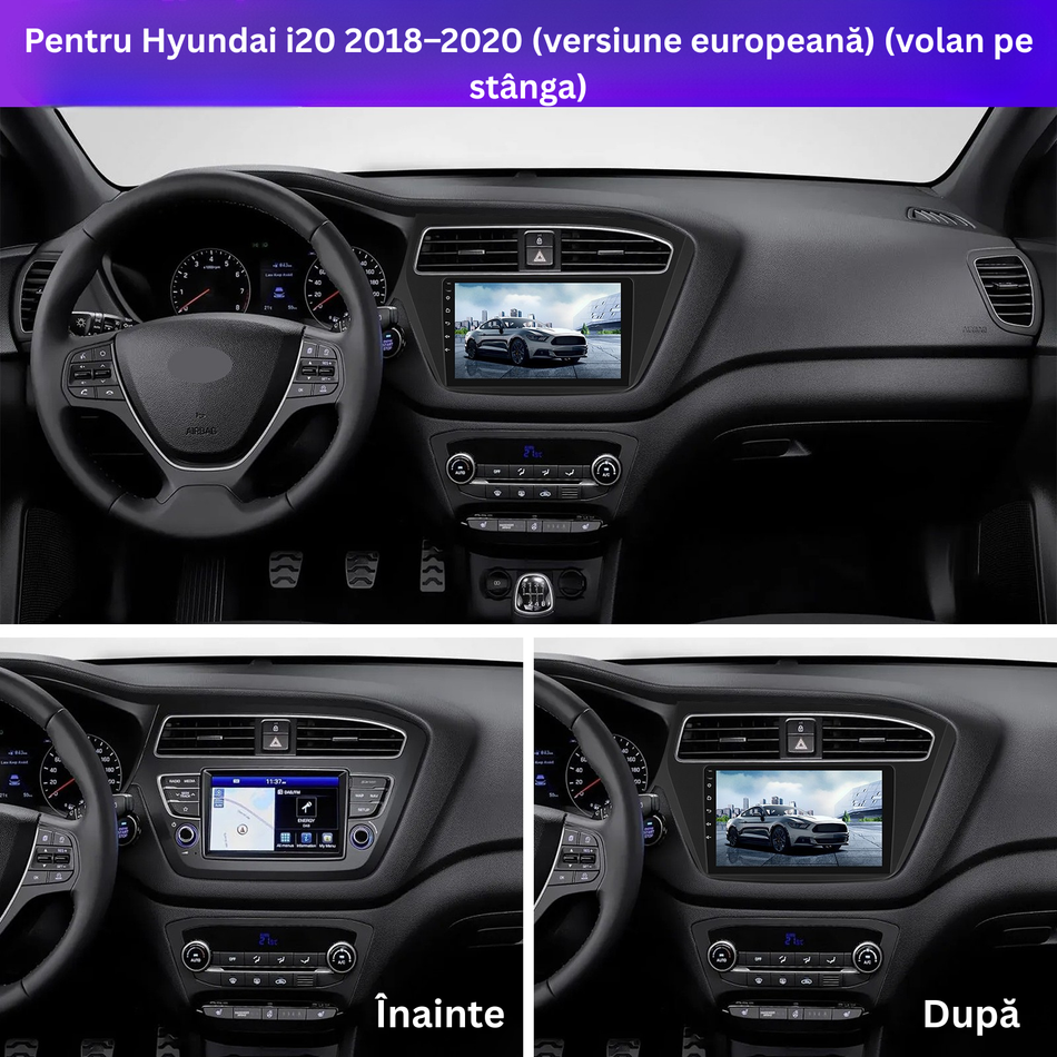 Navigatie Hyundai i20 2018–2020 dedicata, MaxTech® PRO SERIES, 2 GB Ram 64 GB Rom, Carplay si Android auto, Ecran 9” HD Touch, GPS, Wifi, Bluetooth, Radio, USB, EQ, DSP, Waze