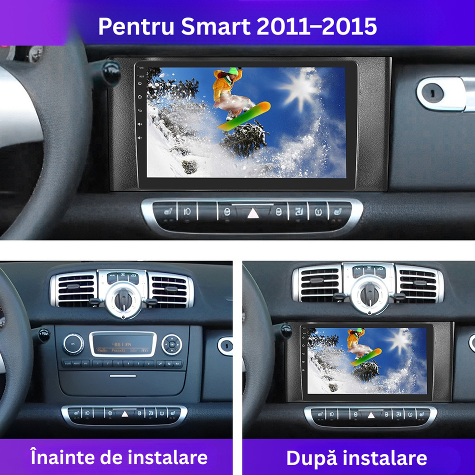 Navigatie Smart Fortwo II 451 (2011–2015) dedicata, MaxTech® PRO SERIES, 2 GB Ram 64 GB Rom, Carplay si Android auto, Ecran 9” HD Touch, GPS, Wifi, Bluetooth, Radio, USB, EQ, DSP, Waze