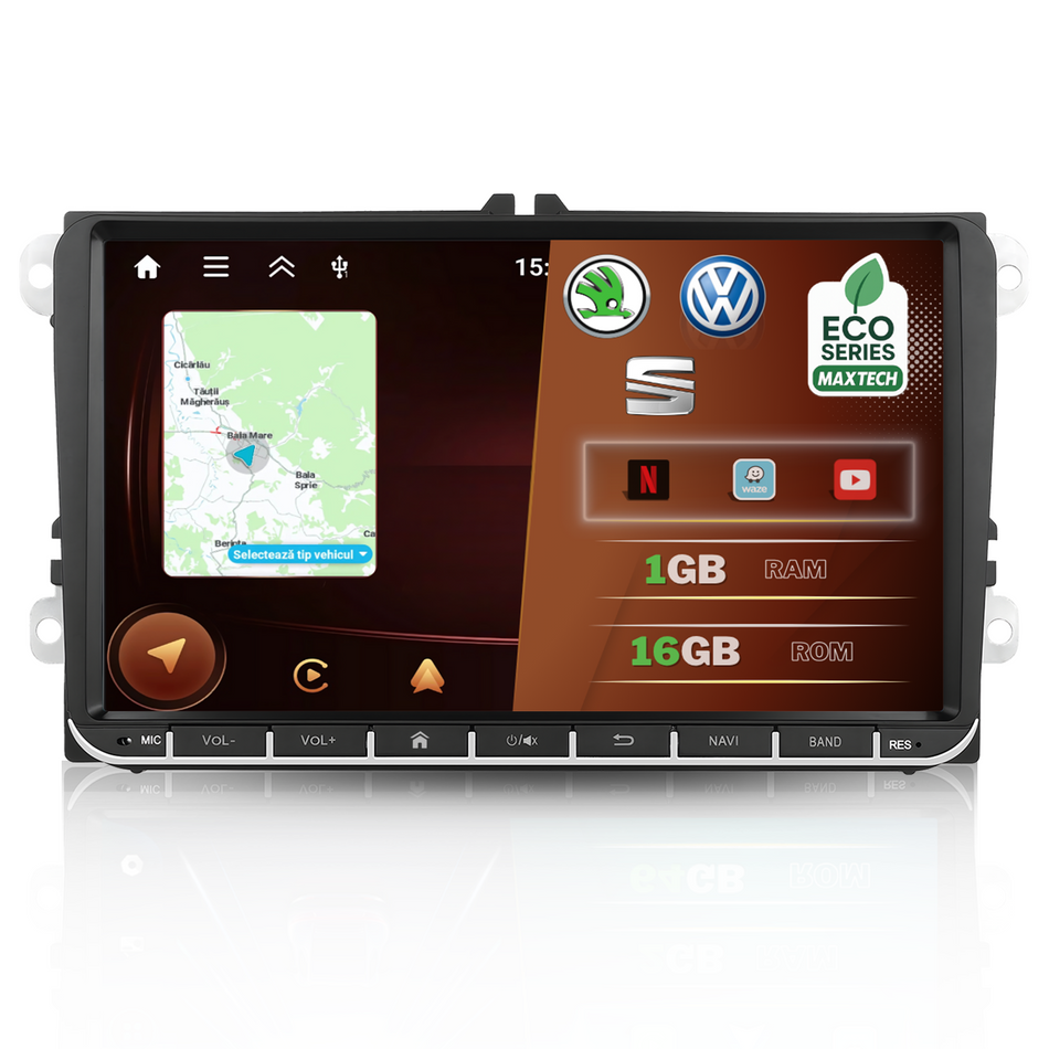Navigatie Volkswagen, Skoda, SEAT Android, MaxTech® ECO SERIES, 1GB RAM, 16GB, ecran 9 inch HD Touch, Golf, Passat, Jetta, Octavia, Leon, GPS, WiFi, Bluetooth, Waze