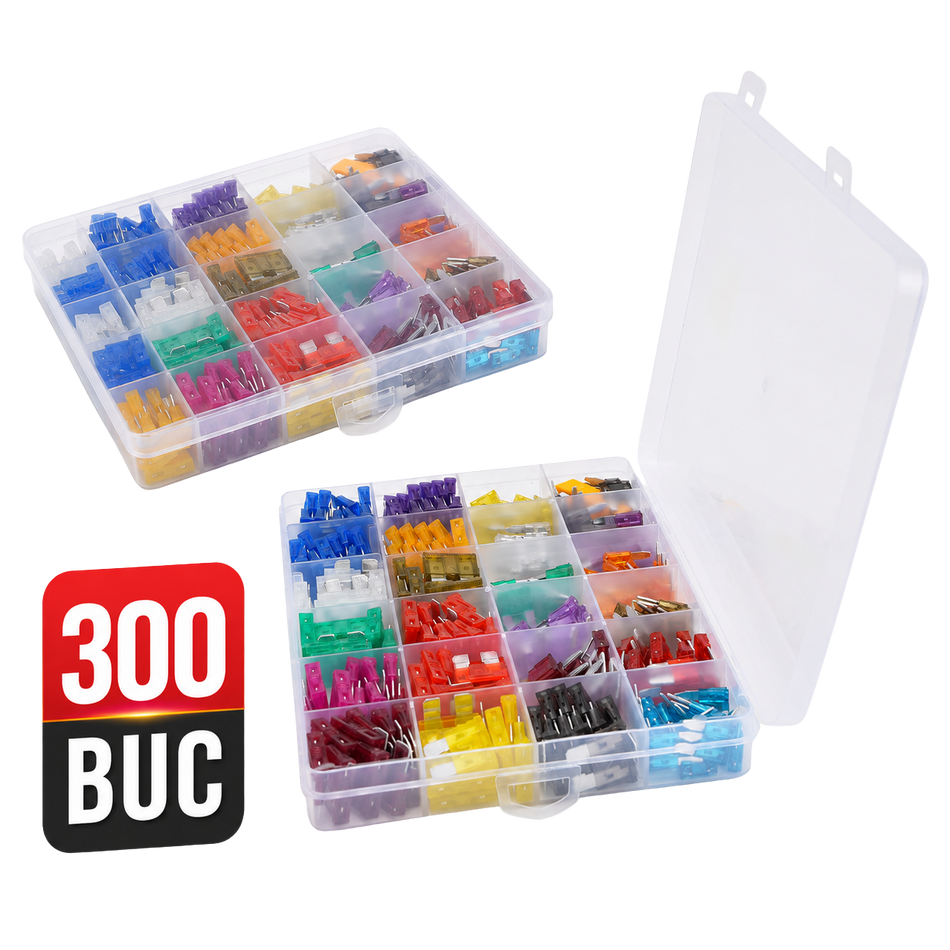 Set 300 sigurante auto Standard si Mini 2A-40A, cu cutie organizare si extractoare sigurante
