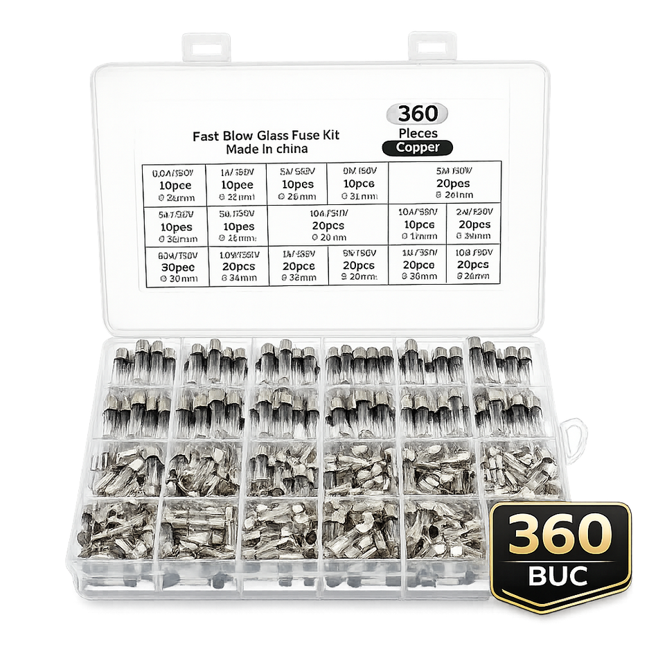 Set sigurante fuzibile din sticla 360 bucati, 5x20mm si 6x30mm, 250V, 0.2A-20A, cutie organizator