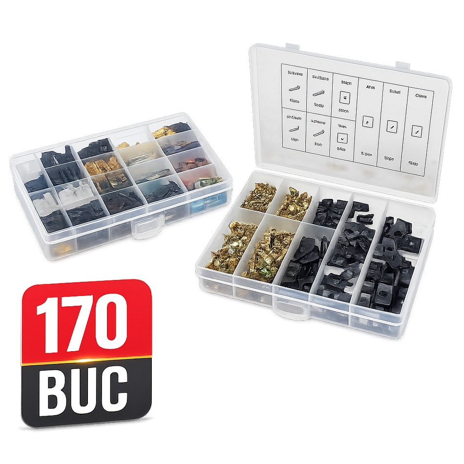 Set clipsuri U si suruburi auto 170 bucati, pentru caroserie, ornamente, bara, aripi si panouri auto, cutie organizatoare
