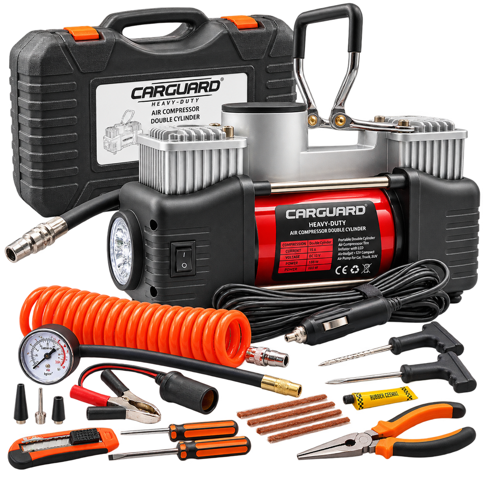 Compresor auto Carguard Heavy-Duty dublu cilindru, 50 L/min, 150 PSI, LED, kit reparatie anvelope, Cutie