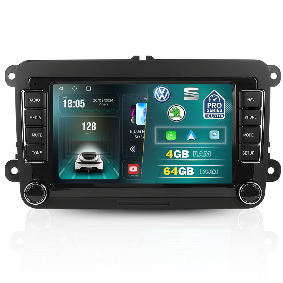 Navigatie Volkswagen, Skoda, SEAT Android, MaxTech® PRO SERIES, 4GB RAM, 64GB, CarPlay & Android Auto, ecran 7 inch HD Touch, Golf, Passat, Jetta, Octavia, Leon, GPS, WiFi, Bluetooth, Waze, RDS