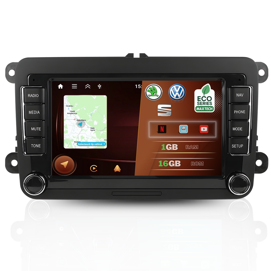 Navigatie Volkswagen, Skoda, SEAT Android, MaxTech® ECO SERIES, 1GB RAM, 16GB, ecran 7 inch HD Touch, Golf, Passat, Jetta, Octavia, Leon, GPS, WiFi, Bluetooth, Waze