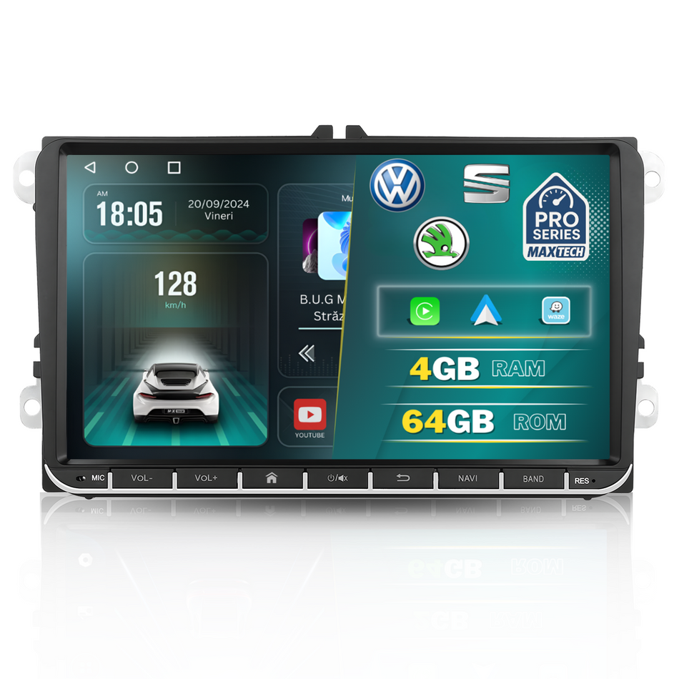 Navigatie Volkswagen, Skoda, SEAT Android, MaxTech® PRO SERIES, 4GB RAM, 64GB, CarPlay & Android Auto, ecran 9 inch HD Touch, Golf, Passat, Jetta, Octavia, Leon, GPS, WiFi, Bluetooth, Waze, RDS, EQ