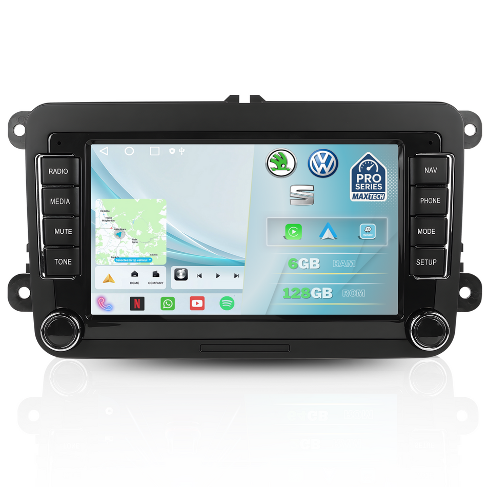 Navigatie Volkswagen, Skoda, SEAT Android, MaxTech® PRO SERIES, 6GB RAM, 128GB, CarPlay & Android Auto, ecran 7 inch HD Touch, Golf, Passat, Jetta, Octavia, Leon, GPS, WiFi, Bluetooth, Waze, RDS, EQ