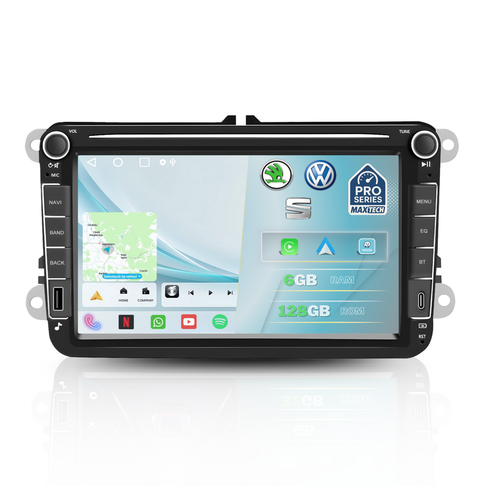 Navigatie Volkswagen, Skoda, SEAT Android, MaxTech® PRO SERIES, 6GB RAM, 128GB, CarPlay & Android Auto, ecran 8 inch HD Touch, Golf, Passat, Jetta, Octavia, Leon, GPS, WiFi, Bluetooth, Waze, RDS, EQ, Youtube