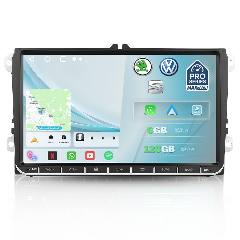 Navigatie Volkswagen, Skoda, SEAT Android, MaxTech® PRO SERIES, 6GB RAM, 128GB, CarPlay & Android Auto, ecran 9 inch HD Touch, Hi-Rez Audio, Golf, Passat, Jetta, Octavia, Leon, GPS, WiFi, Bluetooth, Waze, RDS, EQ