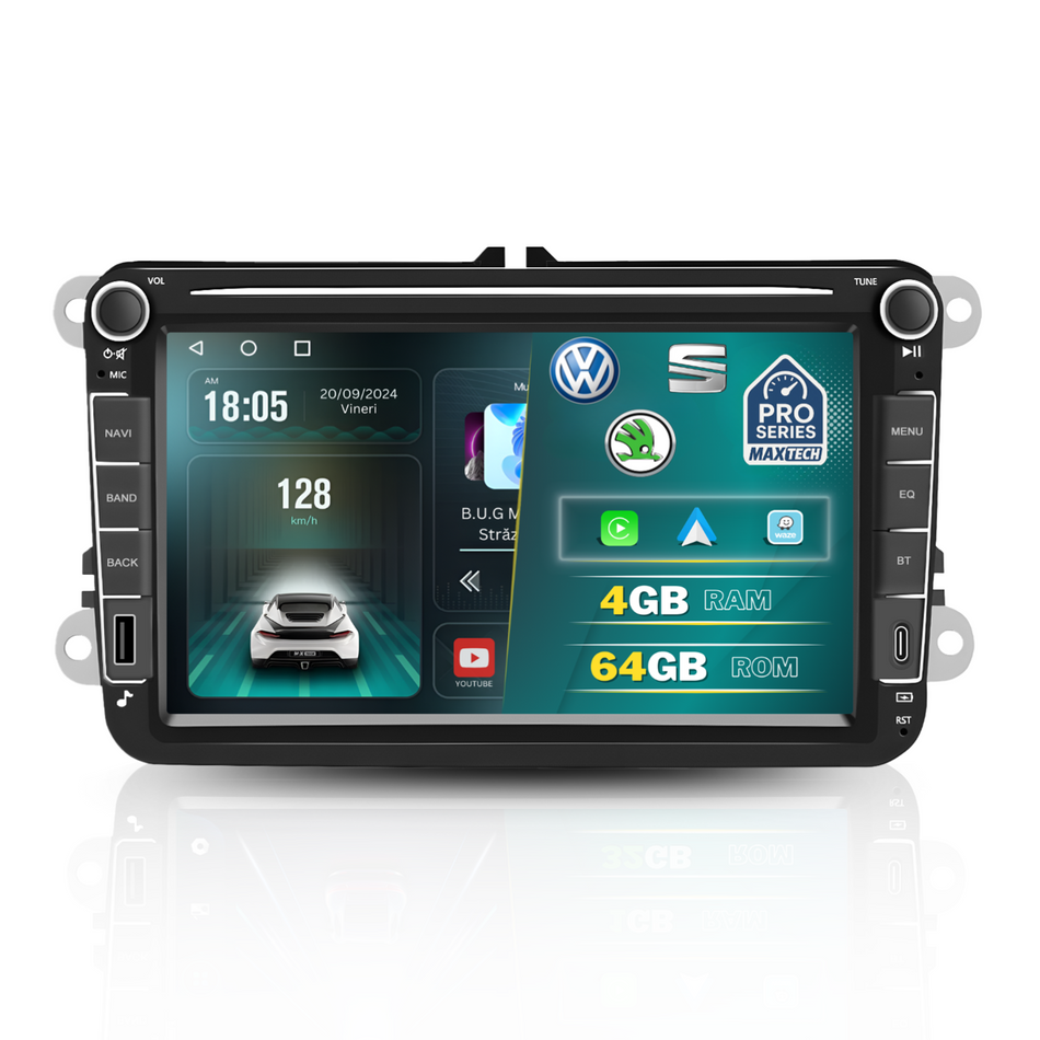 Navigatie Volkswagen, Skoda, SEAT Android, MaxTech® PRO SERIES, 4GB RAM, 64GB, CarPlay & Android Auto, ecran 8 inch HD Touch, Golf, Passat, Jetta, Octavia, Leon, GPS, WiFi, Bluetooth, Waze, RDS, EQ, Youtube