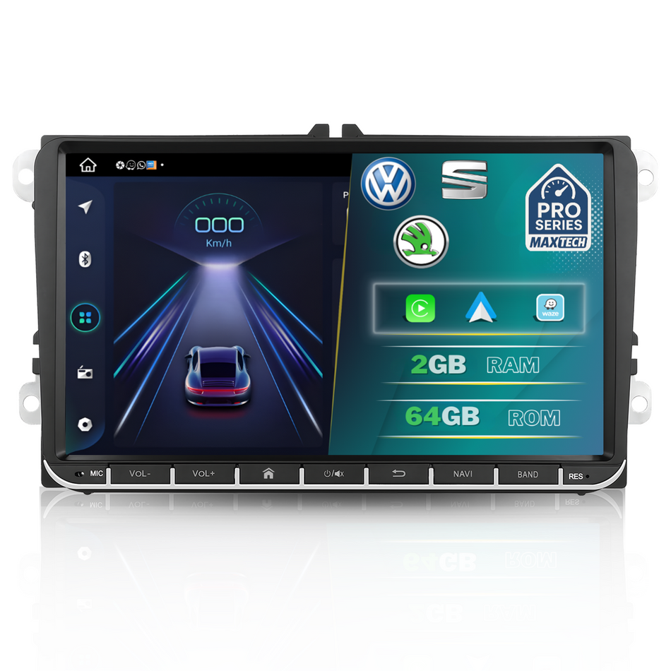 Navigatie Volkswagen, Skoda, SEAT Android, MaxTech® PRO SERIES, 2GB RAM, 64GB, CarPlay & Android Auto, ecran 9 inch HD Touch, Golf, Passat, Jetta, Octavia, Leon, GPS, WiFi, Bluetooth, Waze, RDS, EQ