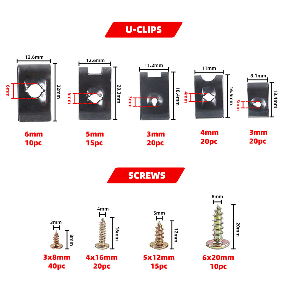 Set clipsuri U si suruburi auto 170 bucati, pentru caroserie, ornamente, bara, aripi si panouri auto, cutie organizatoare