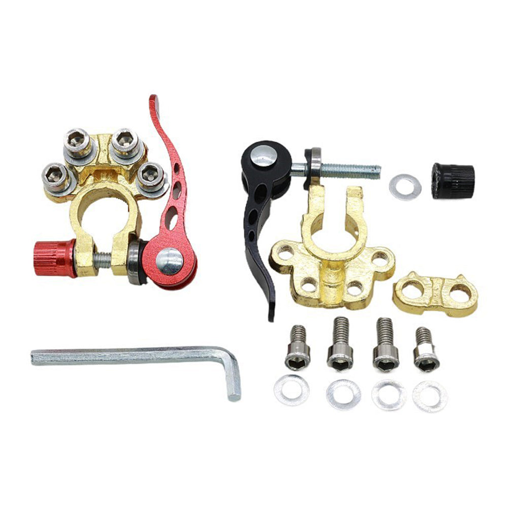 Set Borne baterie auto cu strangere rapida, plus si minus, alama, 4 prinderi cablu, cleme pol baterie auto, rosu/negru, saibe anti-coroziune, imbus inclus