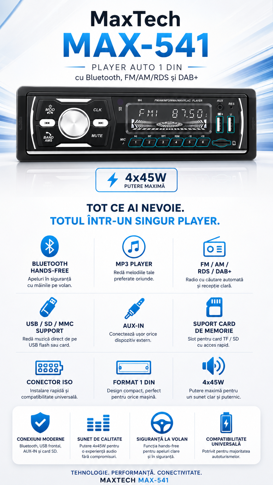 Mp3 Player 1 DIN MaxTech®, Bluetooth, FM/AM/RDS/DAB+, USB, SD, AUX, MP3, Hands-Free