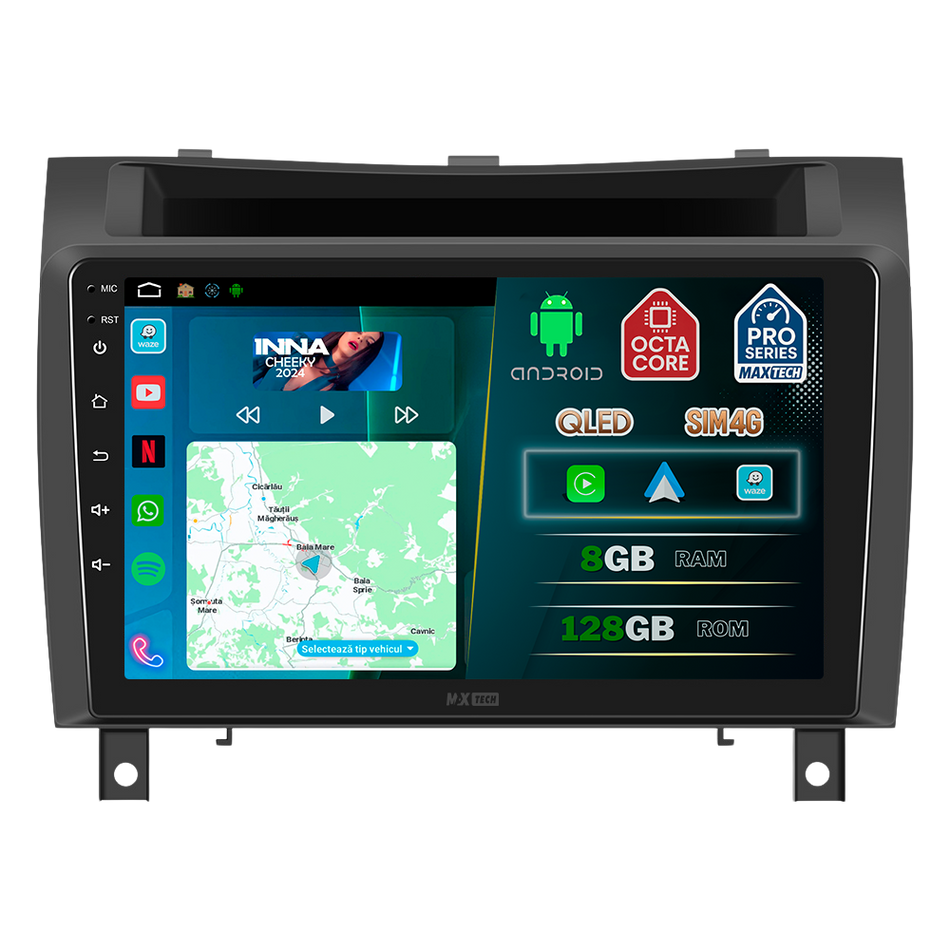 Navigatie Mercedes Benz SLK (2008–2011) dedicata, MaxTech® PRO SERIES, 8 GB Ram 128 GB Rom, OctaCore, Carplay si Android auto, Ecran 9” HD Touch, Sim 4G, ADI/HI-Res, GPS, Wifi, Bluetooth, Radio, USB, EQ, DSP, Waze