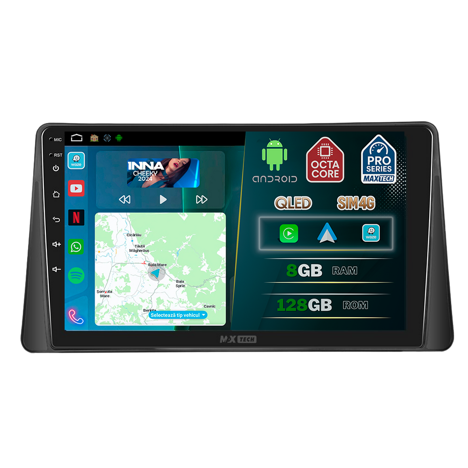 Navigatie Renault Megane II (2002-2009) dedicata, MaxTech® PRO SERIES, 8 GB Ram 128 GB Rom, OctaCore, Carplay si Android auto, Ecran 9” HD Touch, Sim 4G, ADI/HI-Res, GPS, Wifi, Bluetooth, Radio, USB, EQ, DSP, Waze