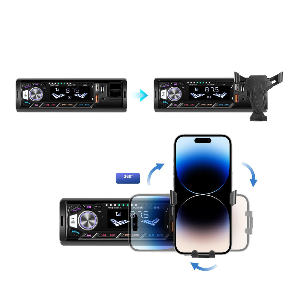 Player auto 1 DIN cu suport telefon detasabil, MaxTech®,Bluetooth 5.0, FM Radio, USB, AUX, TF Card, încărcare telefon
