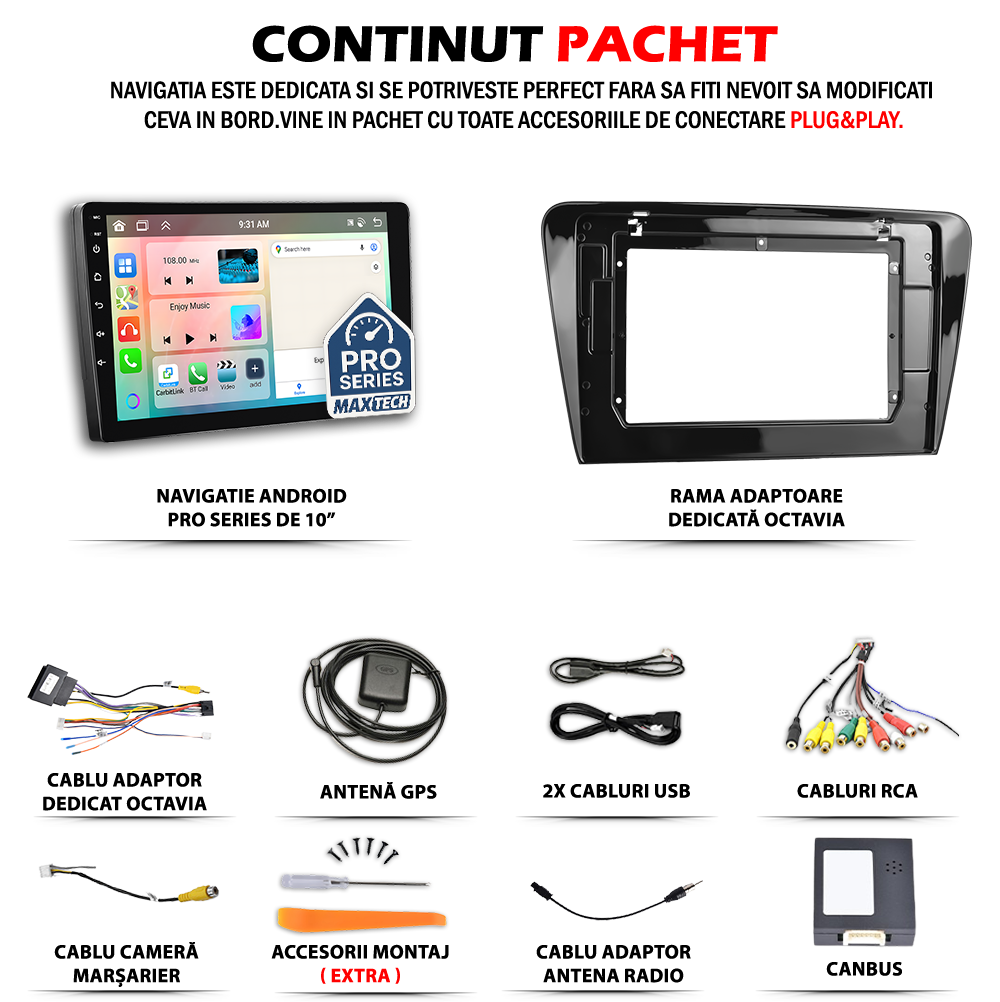 Navigatie Skoda Octavia 3 (2013-2018) dedicata, MaxTech® PRO SERIES, 4 GB Ram 64 GB Rom, Carplay si Android auto, Ecran 10 ” HD Touch, GPS, Wifi, Bluetooth, Radio, USB, EQ, DSP, Waze