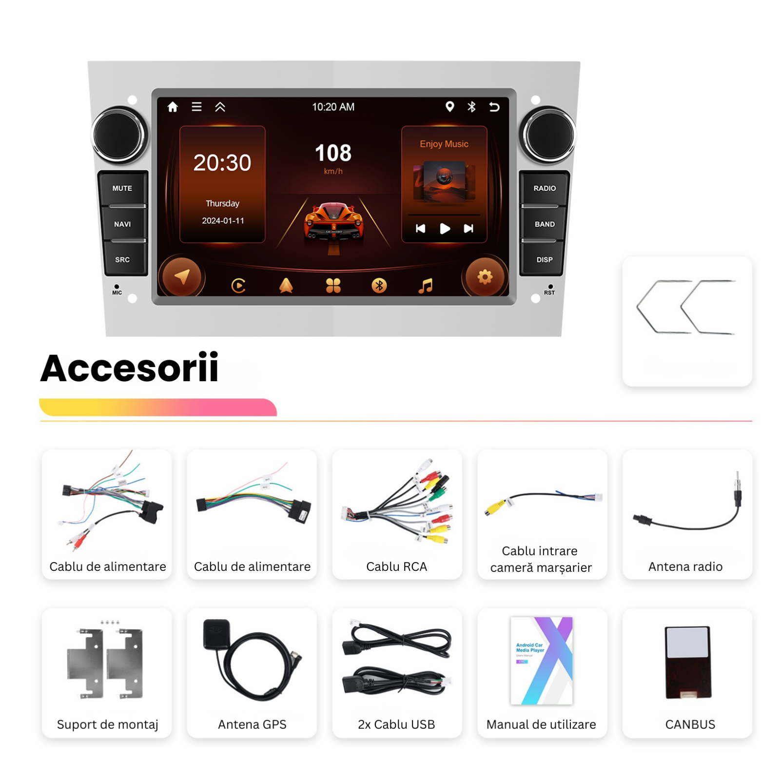 Navigatie Opel Android MaxTech® PRO SERIES, 2GB RAM, 64GB ROM, CarPlay & Android Auto, ecran 7 inch HD Touch, Astra, Corsa, Zafira, Vivaro, Meriva, Antara, Combo, Signum, Tigra, GPS, WiFi, Bluetooth, Waze, DSP, EQ, Argintiu