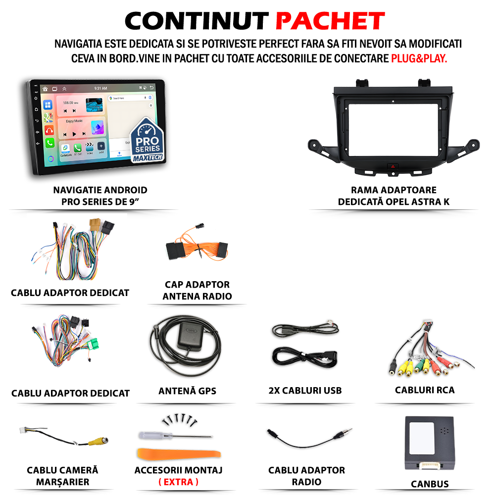 Navigatie Opel Astra K Hatchback (2015-2019) dedicata, MaxTech® PRO SERIES, 2 GB Ram 64 GB Rom, Carplay si Android auto, Ecran 9” HD Touch, GPS, Wifi, Bluetooth, Radio, USB, EQ, DSP, Waze