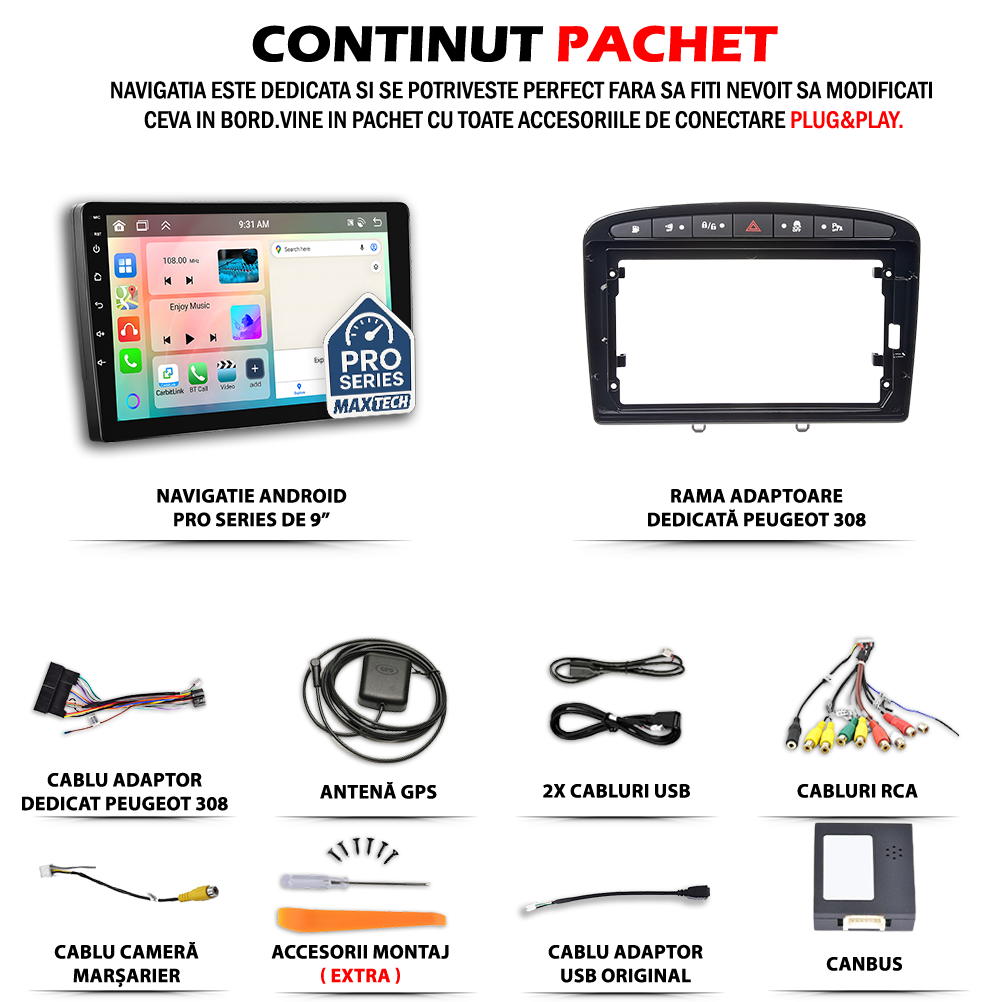Navigatie Peugeot I 308 (2008–2013) dedicata , MaxTech® PRO SERIES, 2 GB Ram 64 GB Rom, Carplay si Android auto, Ecran 9” HD Touch, GPS, Wifi, Bluetooth, Radio, USB, EQ, DSP, Waze