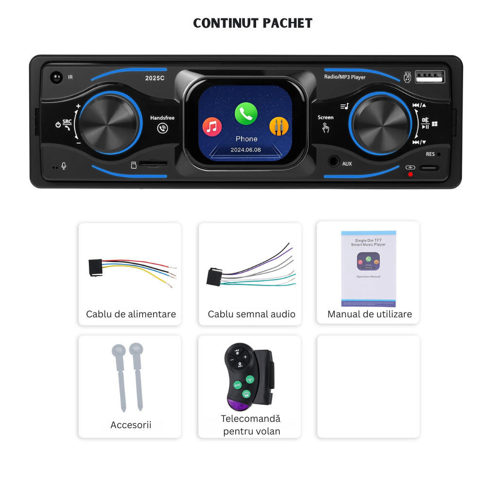 Player auto 1 DIN cu ecran tactil TFT 2.17”, MaxTech®, Bluetooth, FM Radio, USB, AUX, Type-C, TF Card, EQ și iluminare taste