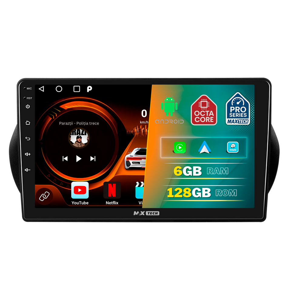 Navigatie Citroën Nemo (AA) / Peugeot Bipper (AA) / Fiat Fiorino (Type 225) / Fiat Qubo (Type 225) 2008–2017 dedicata, MaxTech® PRO SERIES, 6 GB Ram 128 GB Rom, Carplay si Android auto, Ecran 10” HD Touch, GPS, Wifi, Bluetooth, Radio, USB, EQ, DSP, Waze
