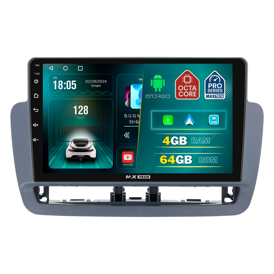 Navigatie SEAT Ibiza IV (6J) Facelift (2012–2015) dedicata, MaxTech® PRO SERIES, 4 GB Ram 64 GB Rom, Carplay si Android auto, Ecran 9 ” HD Touch, GPS, Wifi, Bluetooth, Radio, USB, EQ, DSP, Waze