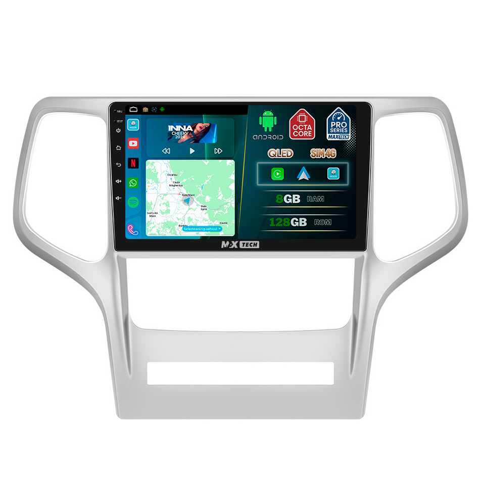 Navigatie Jeep Grand Cherokee IV WK2 2011–2013 pre-facelift dedicata, MaxTech® PRO SERIES, 8 GB Ram 128 GB Rom, OctaCore, Carplay si Android auto, Ecran 9” HD Touch, Sim 4G, ADI/HI-Res, GPS, Wifi, Bluetooth, Radio, USB, EQ, DSP, Waze