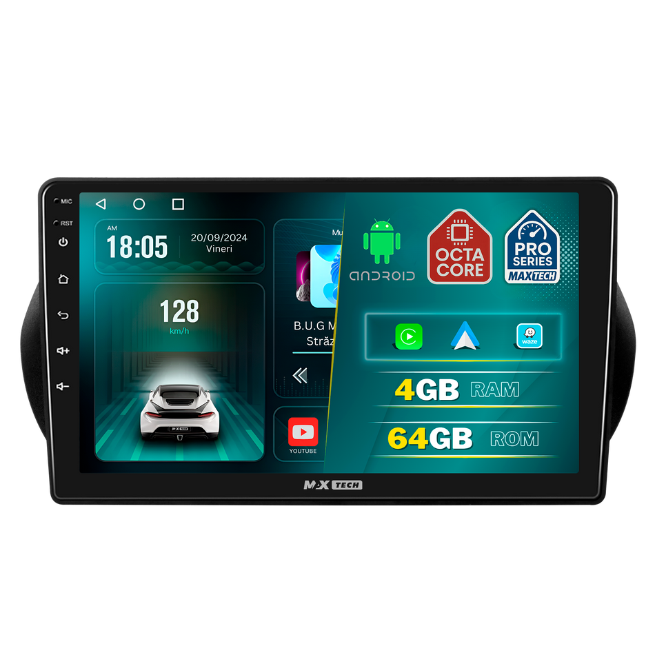 Navigatie Citroën Nemo (AA) / Peugeot Bipper (AA) / Fiat Fiorino (Type 225) / Fiat Qubo (Type 225) 2008–2017 dedicata, MaxTech® PRO SERIES, 4 GB Ram 64 GB Rom, Carplay si Android auto, Ecran 10 ” HD Touch, GPS, Wifi, Bluetooth, Radio, USB, EQ, DSP, Waze