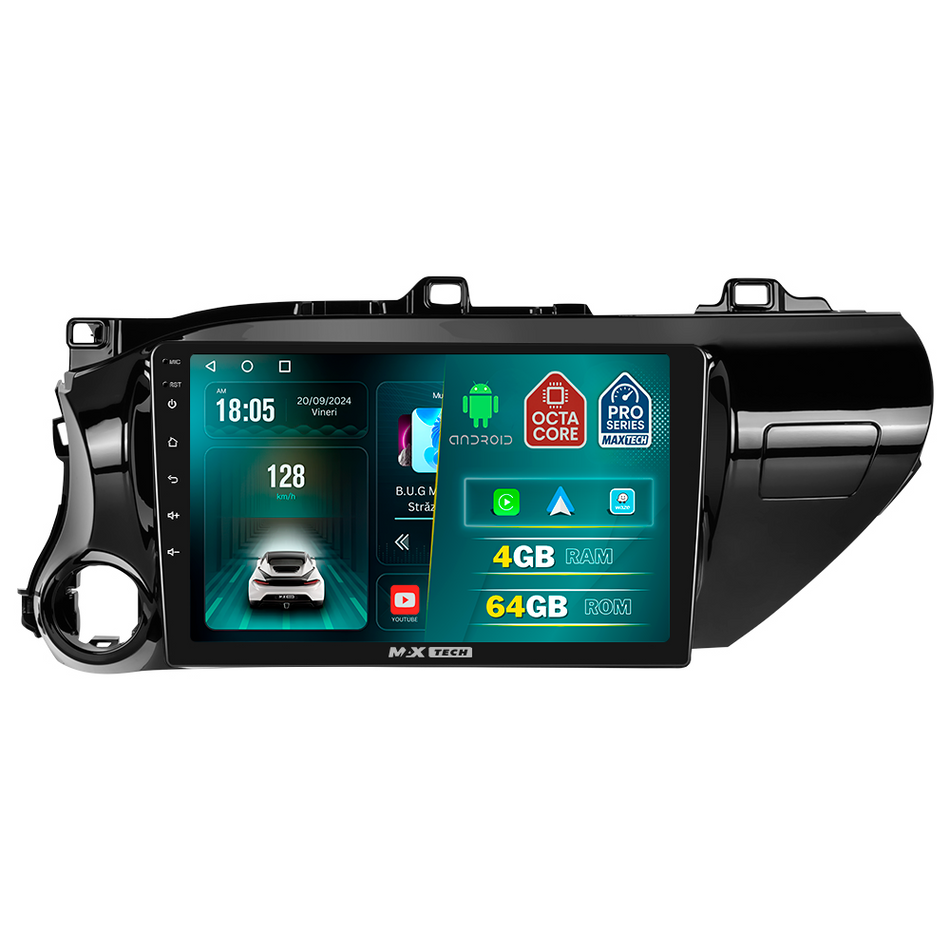 Navigatie Toyota Hilux VIII (AN120/AN130) 2016–2018. dedicata, MaxTech® PRO SERIES, 4 GB Ram 64 GB Rom, Carplay si Android auto, Ecran 10 ” HD Touch, GPS, Wifi, Bluetooth, Radio, USB, EQ, DSP, Waze