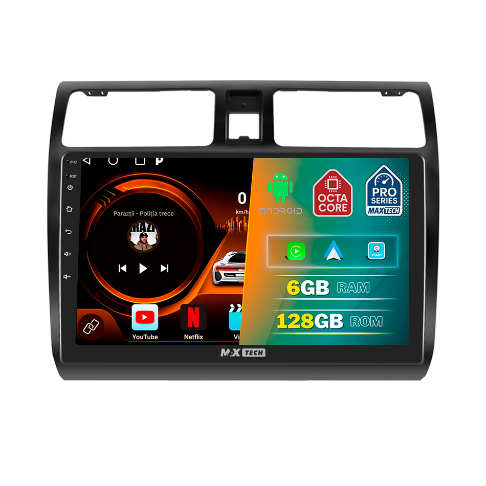 Navigatie Suzuki Swift MZ/EZ (2005–2010) dedicata, MaxTech® PRO SERIES, 6 GB Ram 128 GB Rom, Carplay si Android auto, Ecran 10” HD Touch, GPS, Wifi, Bluetooth, Radio, USB, EQ, DSP, Waze