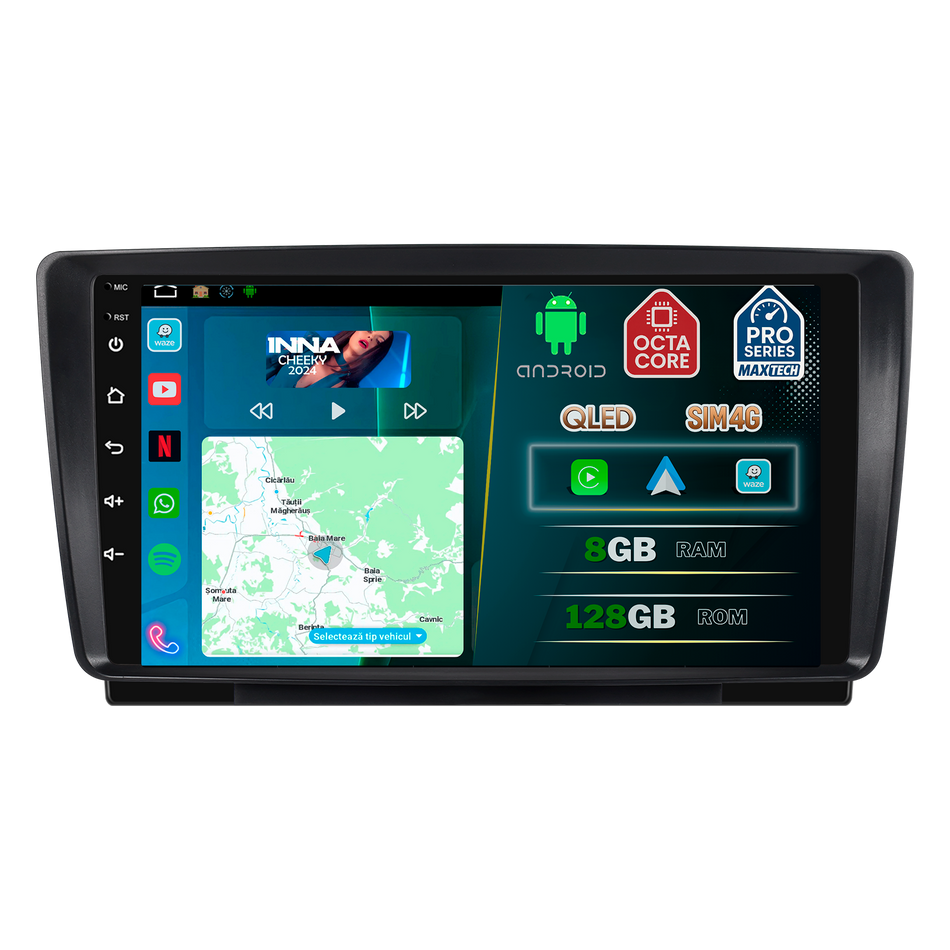 Navigatie Škoda Roomster (2008–2015)/ Yeti (2009–2015)/ Superb II (2008–2015)/ Octavia II / Mk2 (2004–2013) dedicata,MaxTech® PRO SERIES,8 GB Ram 128 GB Rom, OctaCore,Carplay si Android auto,Ecran 9” HD Touch, Sim 4G, ADI/HI-Res, GPS, Wifi, Bluetooth,Waze