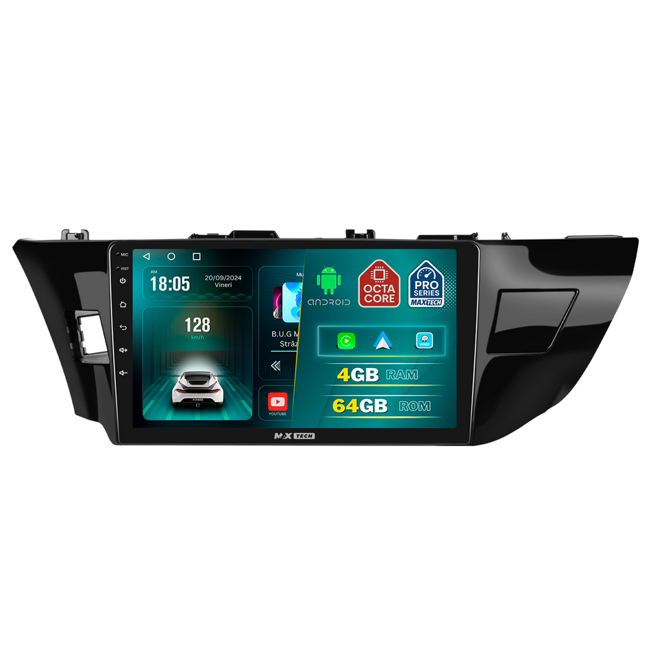 Navigatie Toyota Corolla XI Sedan (E170/E180) 2014–2017 dedicata, MaxTech® PRO SERIES, 4 GB Ram 64 GB Rom, Carplay si Android auto, Ecran 10 ” HD Touch, GPS, Wifi, Bluetooth, Radio, USB, EQ, DSP, Waze