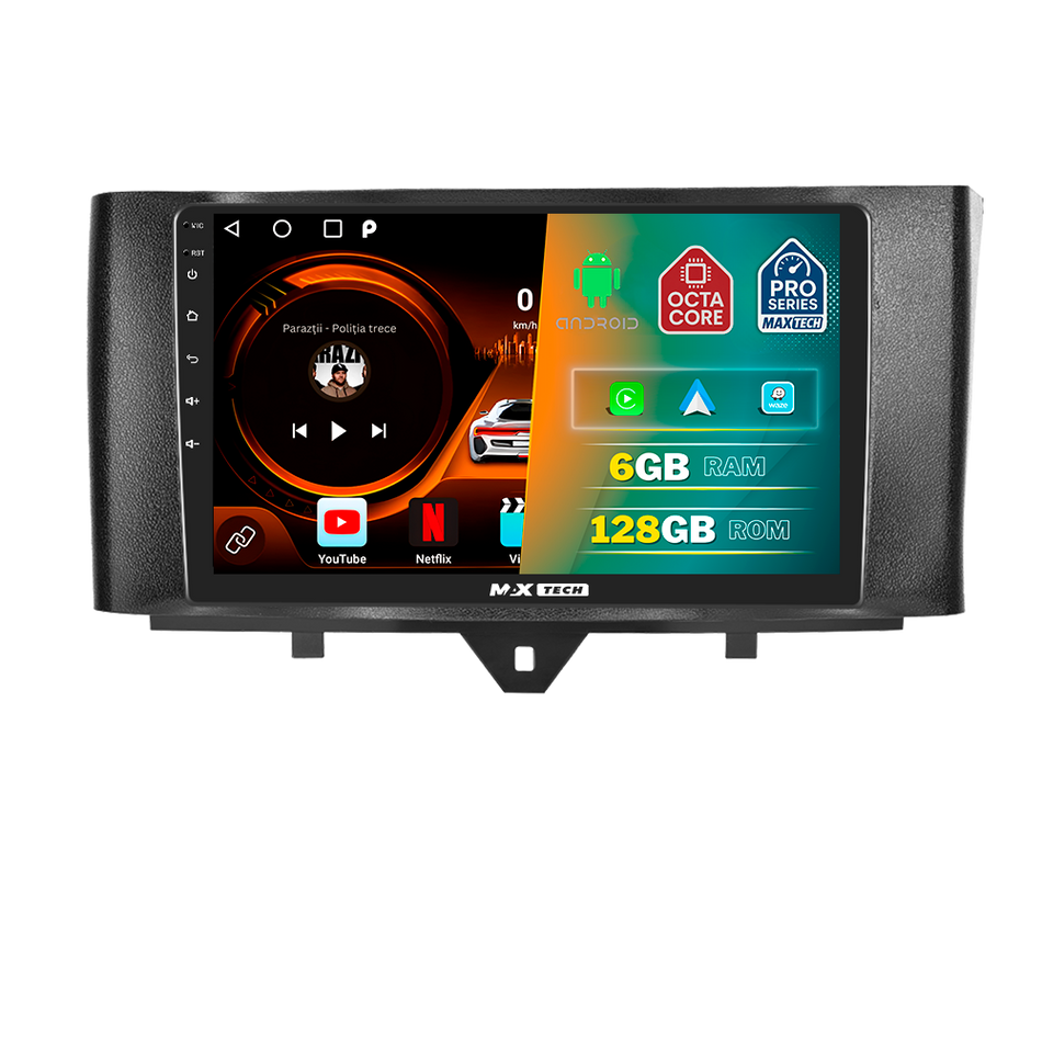 Navigatie Smart Fortwo II 451 (2011–2015) dedicata, MaxTech® PRO SERIES, 6 GB Ram 128 GB Rom, Carplay si Android auto, Ecran 9” HD Touch, GPS, Wifi, Bluetooth, Radio, USB, EQ, DSP, Waze