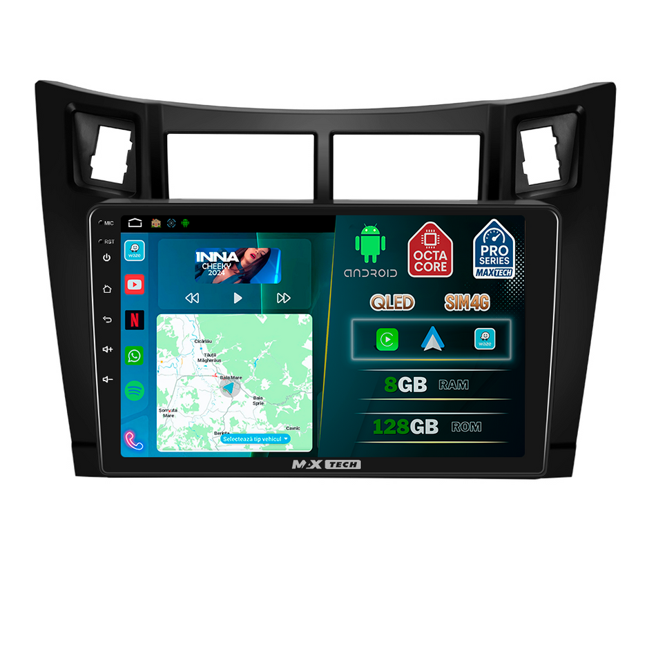 Navigatie Toyota Yaris II XP90 (2008–2011) dedicata, MaxTech® PRO SERIES, 8 GB Ram 128 GB Rom, OctaCore, Carplay si Android auto, Ecran 9” HD Touch, Sim 4G, ADI/HI-Res, GPS, Wifi, Bluetooth, Radio, USB, EQ, DSP, Waze
