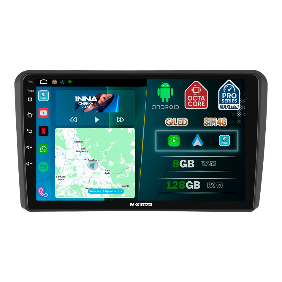 Navigatie Audi A3 II 8P / 8PA (2008–2012) dedicata,MaxTech® PRO SERIES,8 GB Ram 128 GB Rom, OctaCore,Carplay si Android auto,Ecran 9” HD Touch, Sim 4G, ADI/HI-Res, GPS, Wifi, Bluetooth,Waze
