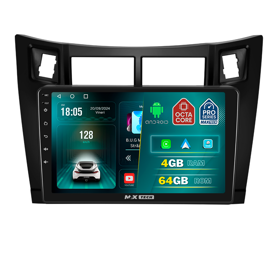 Navigatie Toyota Yaris II XP90 (2008–2011) dedicata, MaxTech® PRO SERIES, 4 GB Ram 64 GB Rom, Carplay si Android auto, Ecran 9 ” HD Touch, GPS, Wifi, Bluetooth, Radio, USB, EQ, DSP, Waze