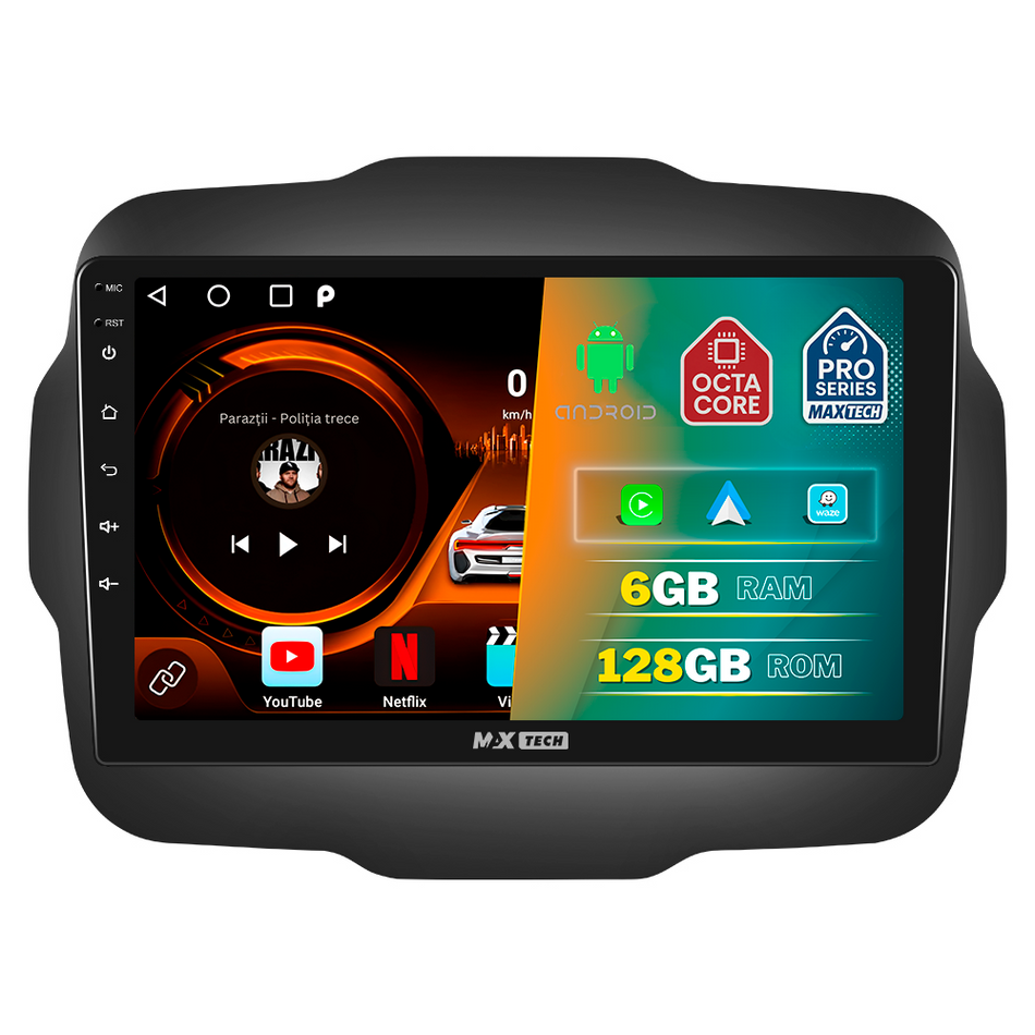 Navigatie Jeep Renegade (2016-2020) dedicata, MaxTech® PRO SERIES, 6 GB Ram 128 GB Rom, Carplay si Android auto, Ecran 9” HD Touch, GPS, Wifi, Bluetooth, Radio, USB, EQ, DSP, Waze