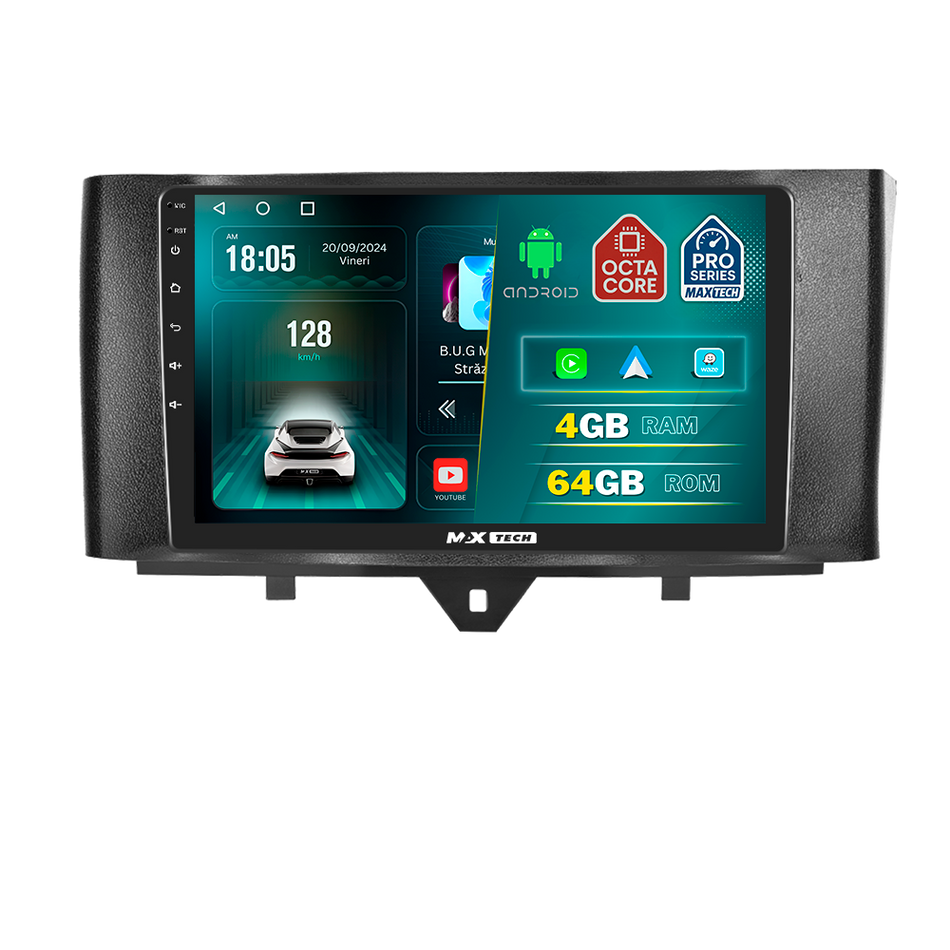 Navigatie Smart Fortwo II 451 (2011–2015) dedicata, MaxTech® PRO SERIES, 4 GB Ram 64 GB Rom, Carplay si Android auto, Ecran 9 ” HD Touch, GPS, Wifi, Bluetooth, Radio, USB, EQ, DSP, Waze