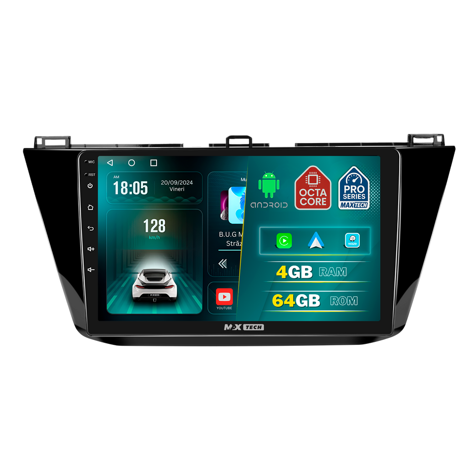 Navigatie Tiguan Allspace 2017–2020 pre-facelift. dedicata, MaxTech® PRO SERIES, 4 GB Ram 64 GB Rom, Carplay si Android auto, Ecran 10 ” HD Touch, GPS, Wifi, Bluetooth, Radio, USB, EQ, DSP, Waze