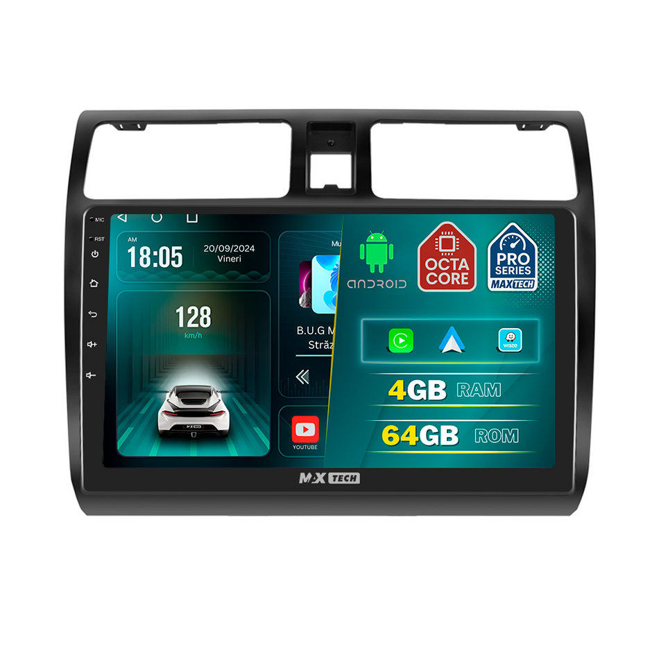 Navigatie Suzuki Swift MZ/EZ (2005–2010) dedicata, MaxTech® PRO SERIES, 4 GB Ram 64 GB Rom, Carplay si Android auto, Ecran 10 ” HD Touch, GPS, Wifi, Bluetooth, Radio, USB, EQ, DSP, Waze