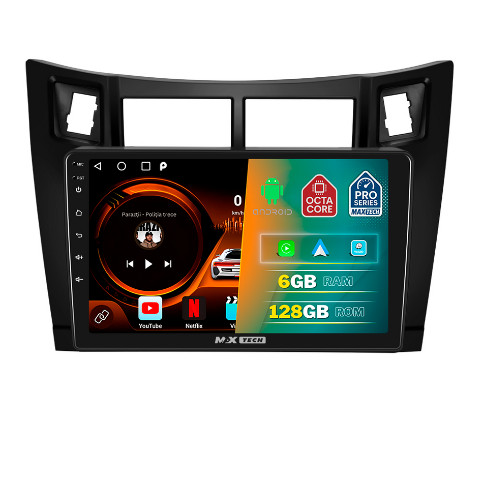 Navigatie Toyota Yaris II XP90 (2008–2011) dedicata, MaxTech® PRO SERIES, 6 GB Ram 128 GB Rom, Carplay si Android auto, Ecran 9” HD Touch, GPS, Wifi, Bluetooth, Radio, USB, EQ, DSP, Waze