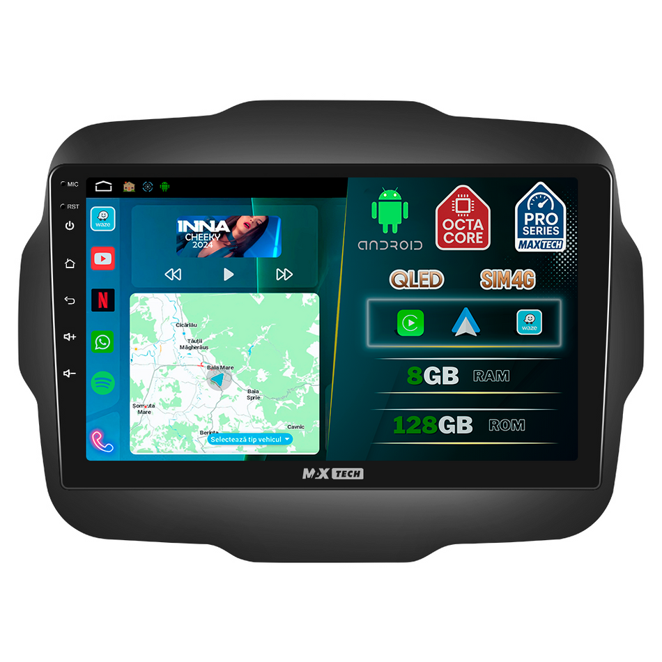 Navigatie Jeep Renegade (2016-2020) dedicata, MaxTech® PRO SERIES, 8 GB Ram 128 GB Rom, OctaCore, Carplay si Android auto, Ecran 9” HD Touch, Sim 4G, ADI/HI-Res, GPS, Wifi, Bluetooth, Radio, USB, EQ, DSP, Waze
