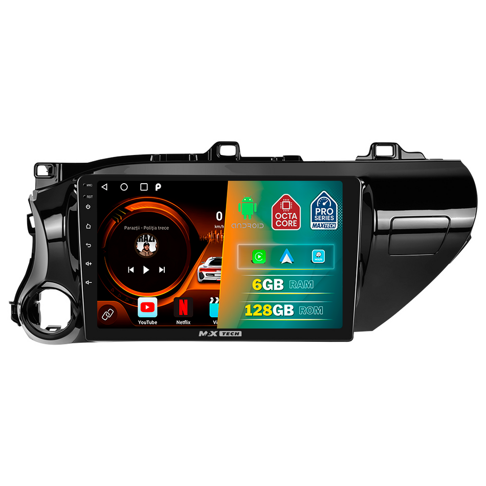 Navigatie Toyota Hilux VIII (AN120/AN130) 2016–2018.  dedicata, MaxTech® PRO SERIES, 6 GB Ram 128 GB Rom, Carplay si Android auto, Ecran 10” HD Touch, GPS, Wifi, Bluetooth, Radio, USB, EQ, DSP, Waze