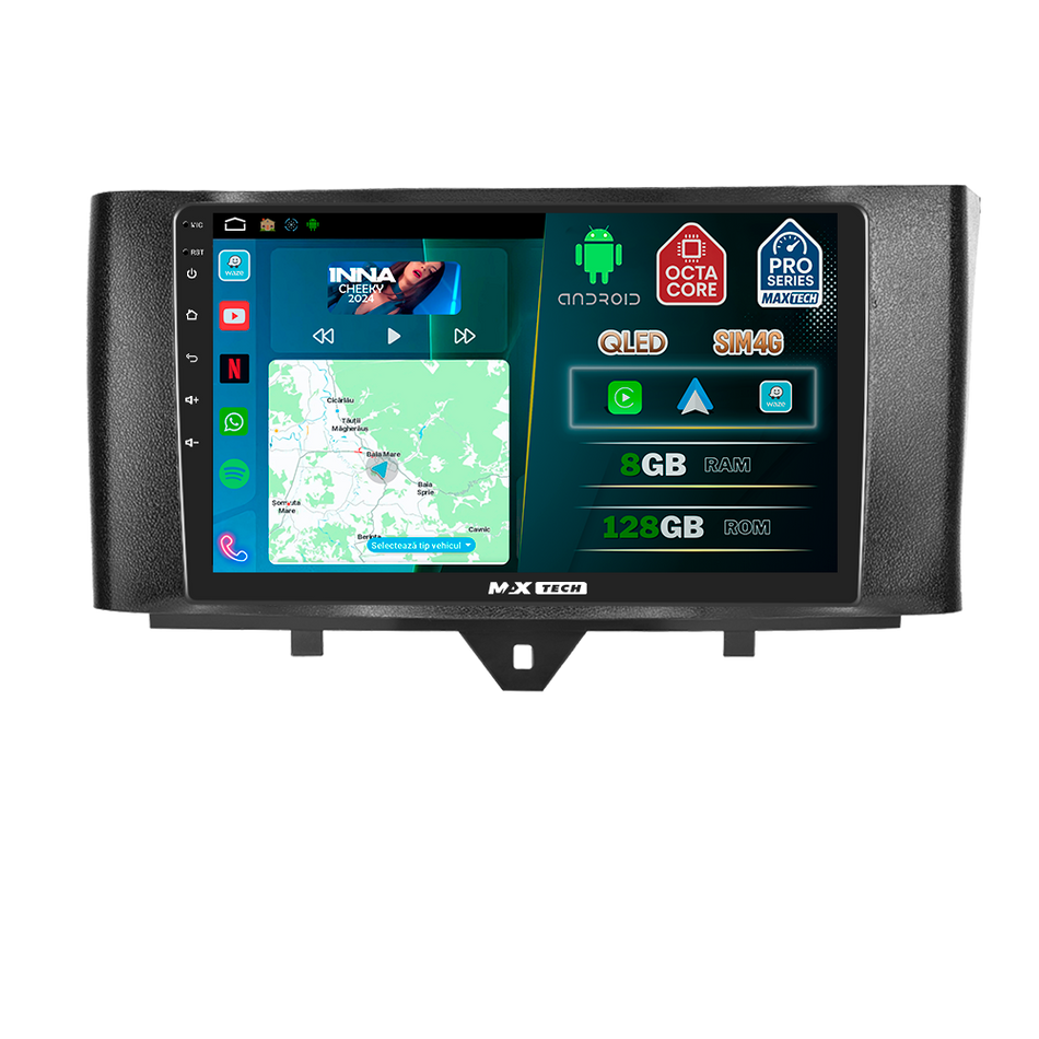 Navigatie Smart Fortwo II 451 (2011–2015) dedicata, MaxTech® PRO SERIES, 8 GB Ram 128 GB Rom, OctaCore, Carplay si Android auto, Ecran 9” HD Touch, Sim 4G, ADI/HI-Res, GPS, Wifi, Bluetooth, Radio, USB, EQ, DSP, Waze