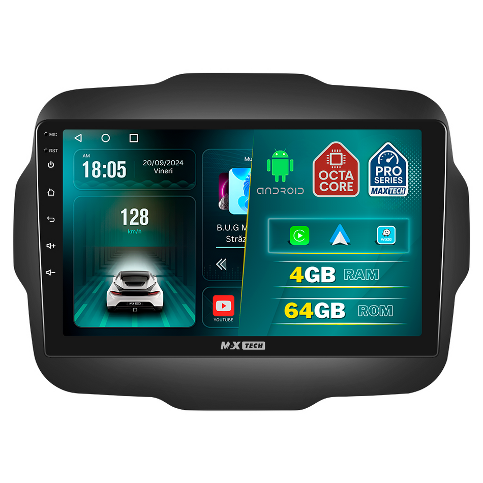 Navigatie Jeep Renegade (2016-2020) dedicata, MaxTech® PRO SERIES, 4 GB Ram 64 GB Rom, Carplay si Android auto, Ecran 9 ” HD Touch, GPS, Wifi, Bluetooth, Radio, USB, EQ, DSP, Waze
