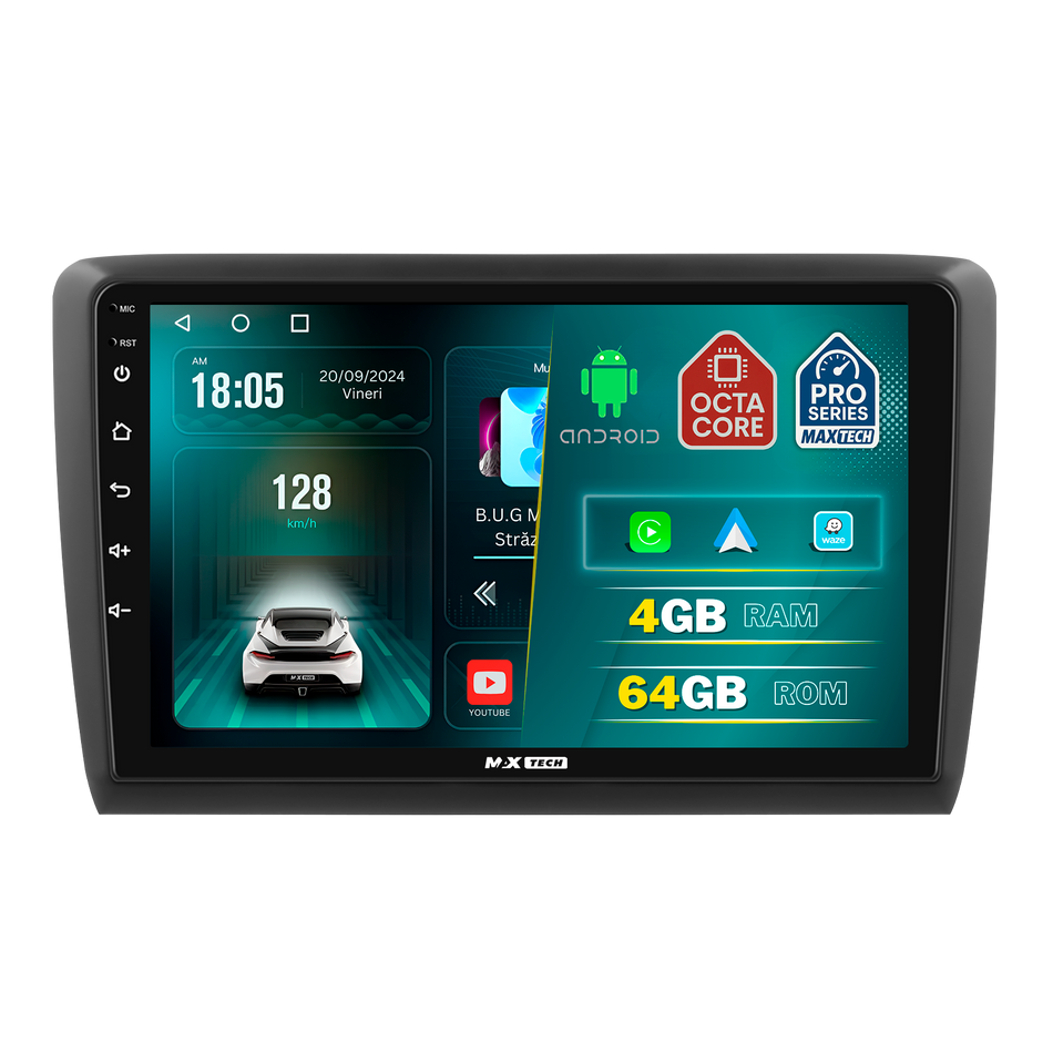 Navigatie SEAT Ibiza IV 6P (2015–2017)facelift dedicata, MaxTech® PRO SERIES, 4 GB Ram 64 GB Rom, Carplay si Android auto, Ecran 9 ” HD Touch, GPS, Wifi, Bluetooth, Radio, USB, EQ, DSP, Waze