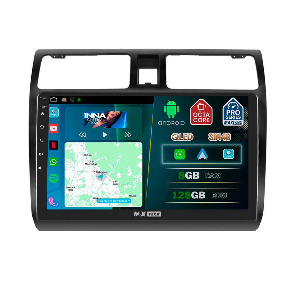 Navigatie Suzuki Swift MZ/EZ (2005–2010) dedicata, MaxTech® PRO SERIES, 8 GB Ram 128 GB Rom, OctaCore, Carplay si Android auto, Ecran 10” HD Touch, Sim 4G, ADI/HI-Res, GPS, Wifi, Bluetooth, Radio, USB, EQ, DSP, Waze