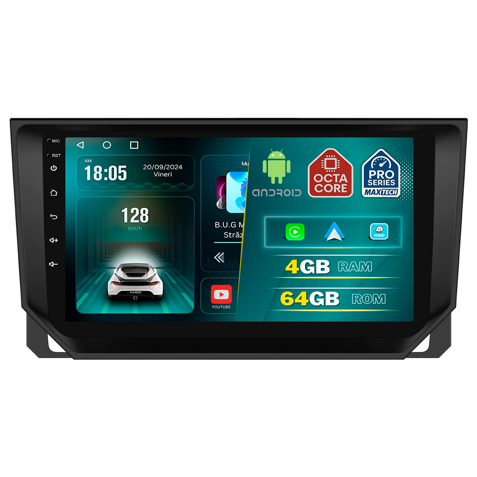 Navigatie Seat Ibiza 2017–2020 cu canbus dedicata, MaxTech® PRO SERIES, 4 GB Ram 64 GB Rom, Carplay si Android auto, Ecran 9 ” HD Touch, GPS, Wifi, Bluetooth, Radio, USB, EQ, DSP, Waze